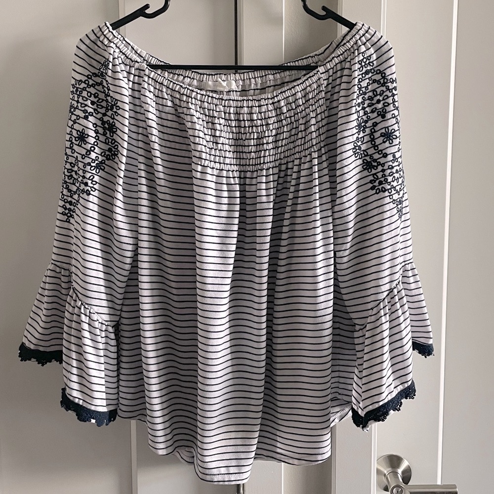 Maurices Striped Bell Sleeve Embroidered Top
